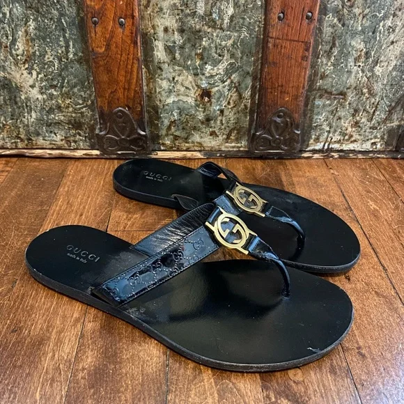 Gucci Black Flip-Flops with Gold Logo - Picture 1 of 7